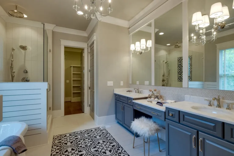 Blue Vanity in bathroom with Custom Cabinetry