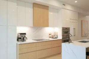 Modern frameless kitchen cabinets with clean lines and integrated wood cabinetry design