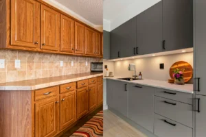 Comparison of stained wood kitchen cabinets and painted modern gray cabinetry finishes