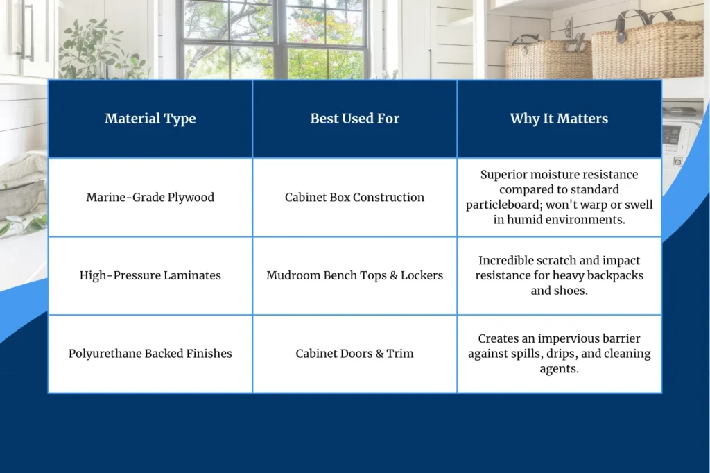 Comparison of durable cabinet materials for laundry rooms and mudrooms, including plywood, laminates, and polyurethane finishes