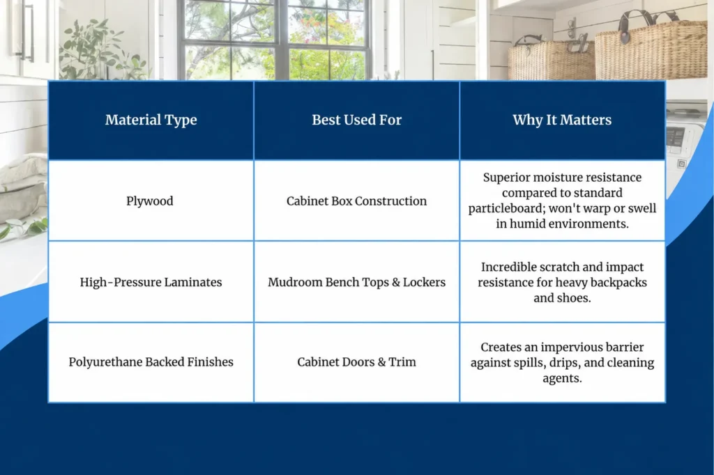 Comparison of durable cabinet materials for laundry rooms and mudrooms, including plywood, laminates, and polyurethane finishes